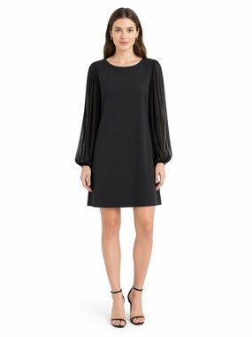 WHBM Black Shift Dress Pleated Sheer Sleeve Long Sleeve Mini Elegant Classic